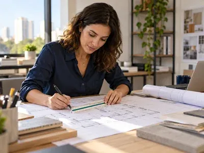 Arquiteta desenhando uma planta em uma mesa de trabalho, com lápis e escalímetro