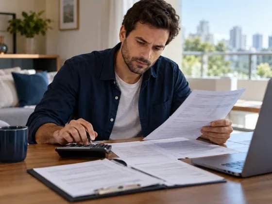 Homem pensativo conferindo extratos e um contrato, com calculadora e notebook, para quitar uma dívida de imóvel
