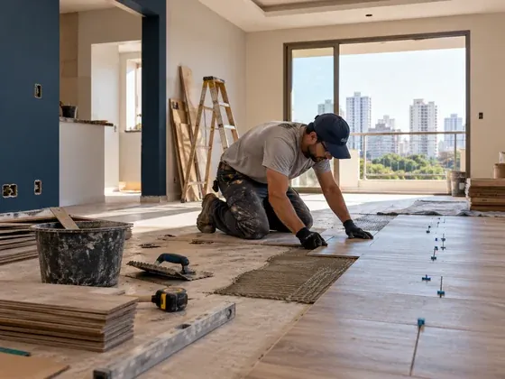 Operário assentando piso novo em uma sala de apartamento em reforma