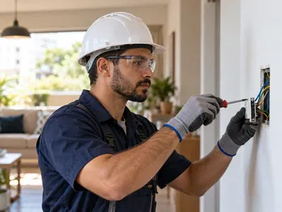 Eletricista de capacete branco trocando a fiação de uma tomada em uma casa