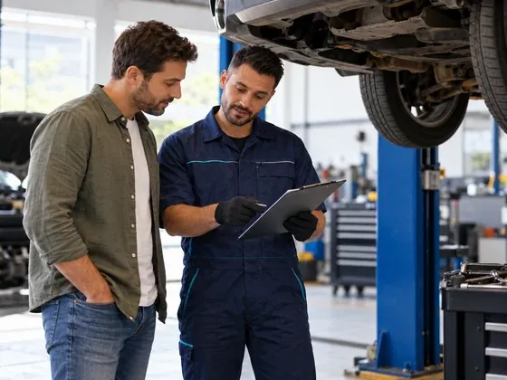 Mecânico mostrando o orçamento em um tablet a um cliente, ao lado de um carro erguido na oficina