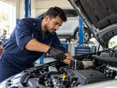 Mecânico examinando o motor de um carro com o capô aberto