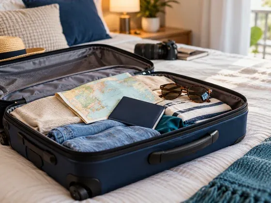 Mala aberta sobre a cama com mapa, passaporte, câmera e roupas dobradas