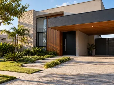 Casa moderna com revestimento de madeira e pedra, garagem coberta e jardim