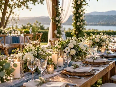 Mesa posta ao ar livre com flores brancas, velas e taças, sob uma pérgola decorada
